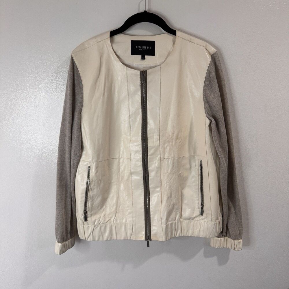 Lafayette 148 New York Jacket Coat L Leather Linen Zip Front White Gray